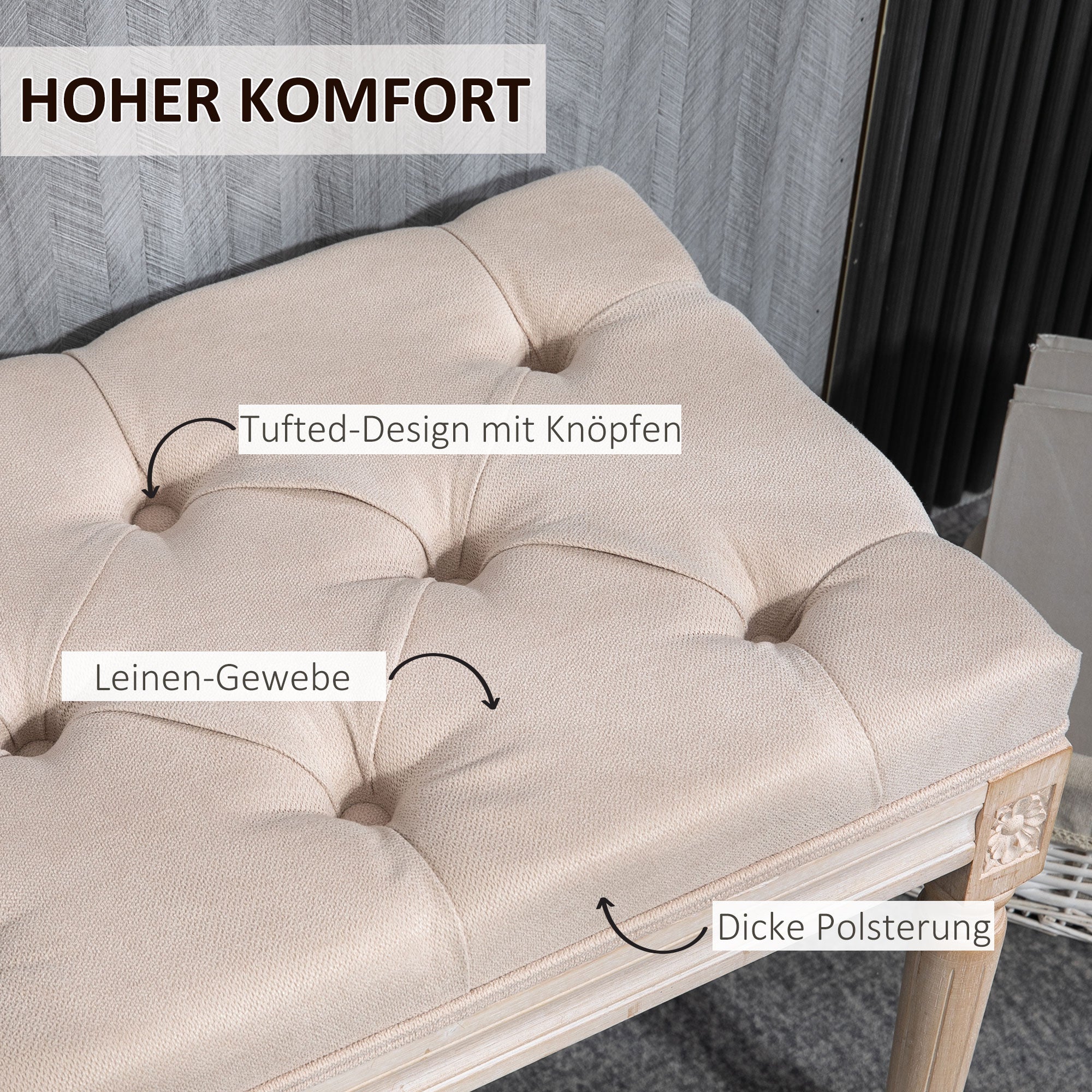 Upholstered Bench Vintage Seat Bench Bed Bench, Hallway Bench with Buttons, Linen Look, up to 120 kg Load Capacity, 80x40x43cm, Beige