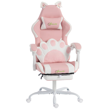 Pink Cat-Ears Ergonomic Gaming Chair — PU Leather Recliner with Footrest, Removable Headrest & Lumbar Support