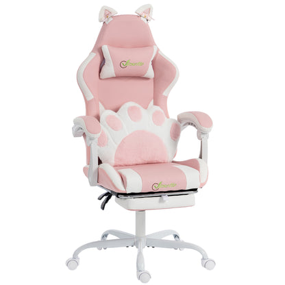 Pink Cat-Ears Ergonomic Gaming Chair — PU Leather Recliner with Footrest, Removable Headrest & Lumbar Support