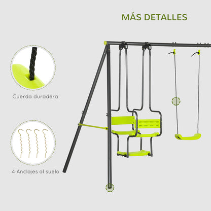 Children's Outdoor Swing Set with 2 Swings, Swivel Seats, and Steel Frame Swings for Kids 3-8 Years 355x184x186 cm Green