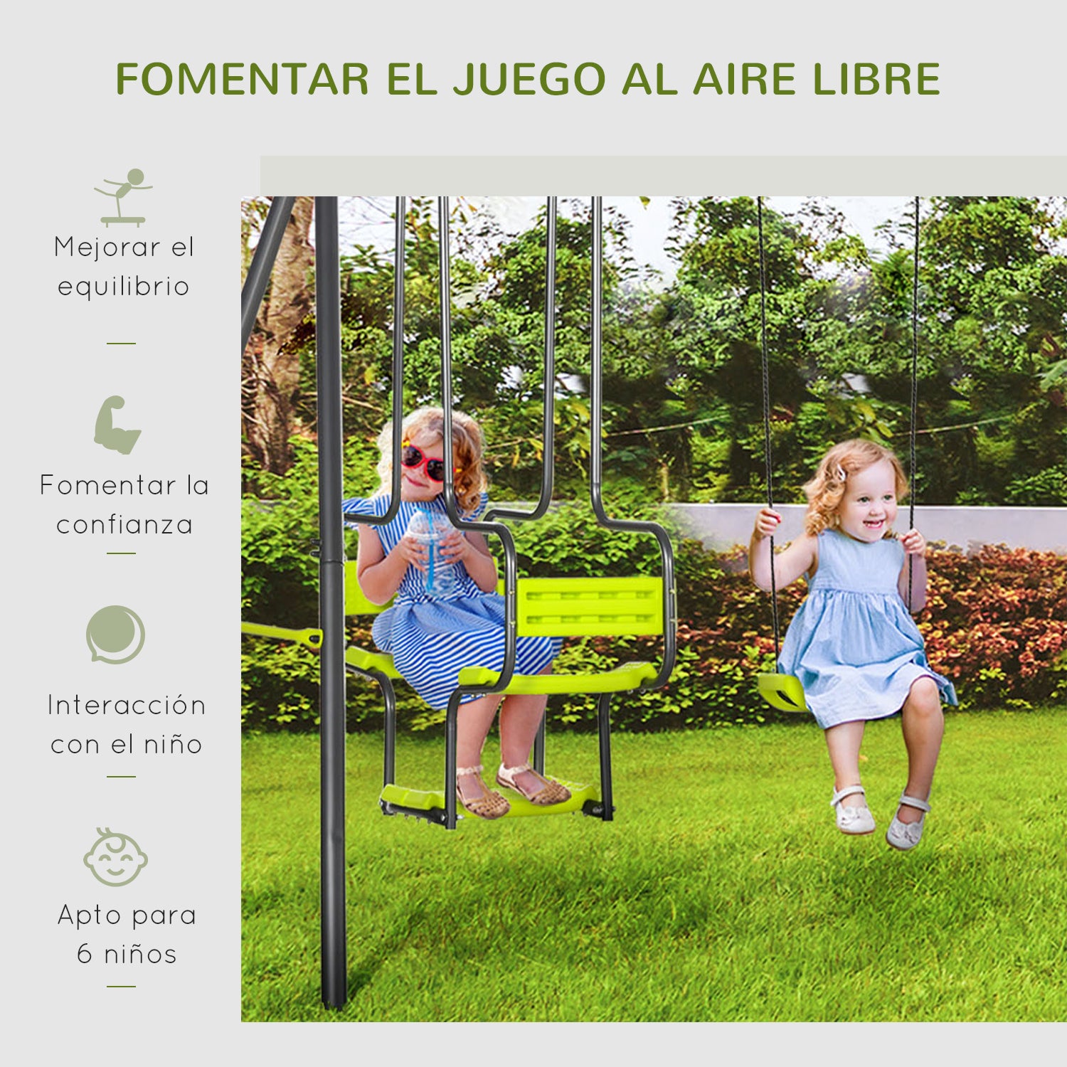 Children's Outdoor Swing Set with 2 Swings, Swivel Seats, and Steel Frame Swings for Kids 3-8 Years 355x184x186 cm Green
