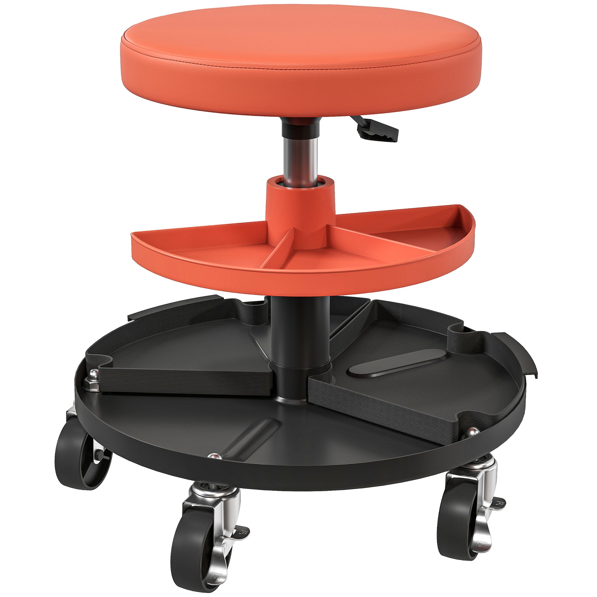 Rolling Workshop Stool, Mechanic Stool with Adjustable Height 40-51 cm, 2 Tool Shelves for Tools, Swivel Seat Max Load 135 kg, Yellow