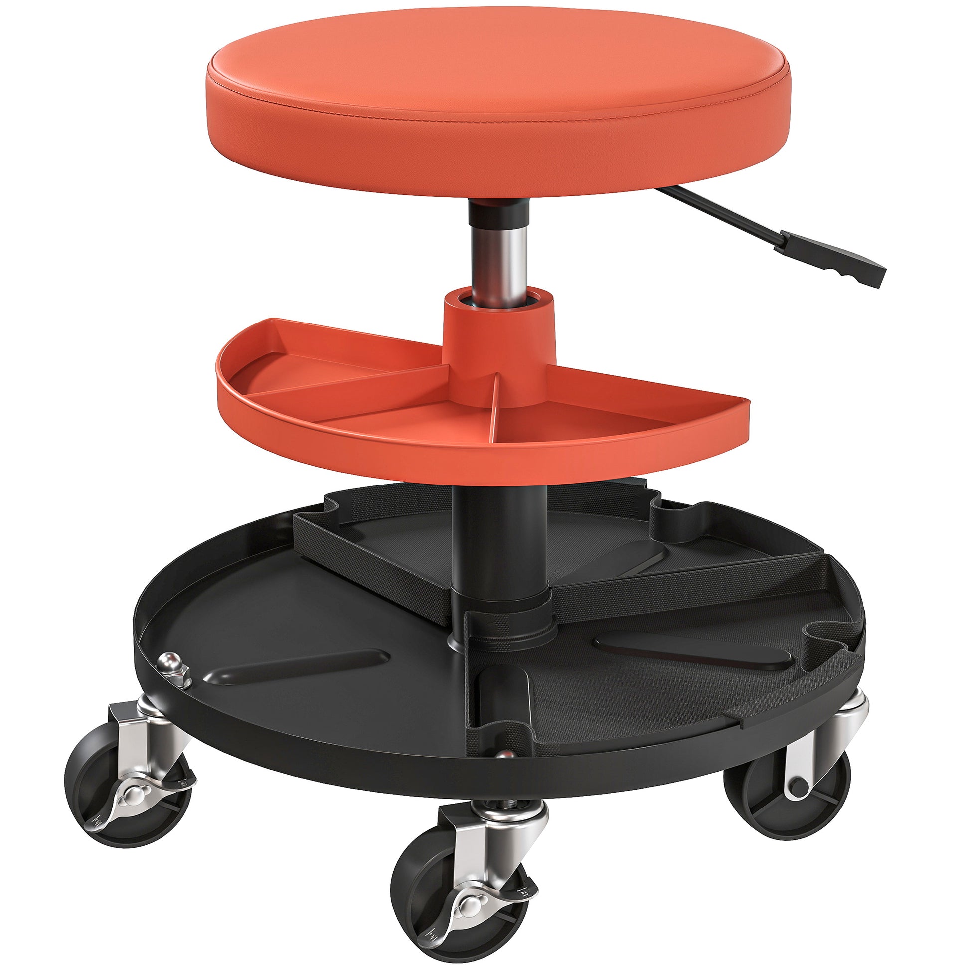 Rolling Workshop Stool, Mechanic Stool with Adjustable Height 40-51 cm, 2 Tool Shelves for Tools, Swivel Seat Max Load 135 kg, Yellow