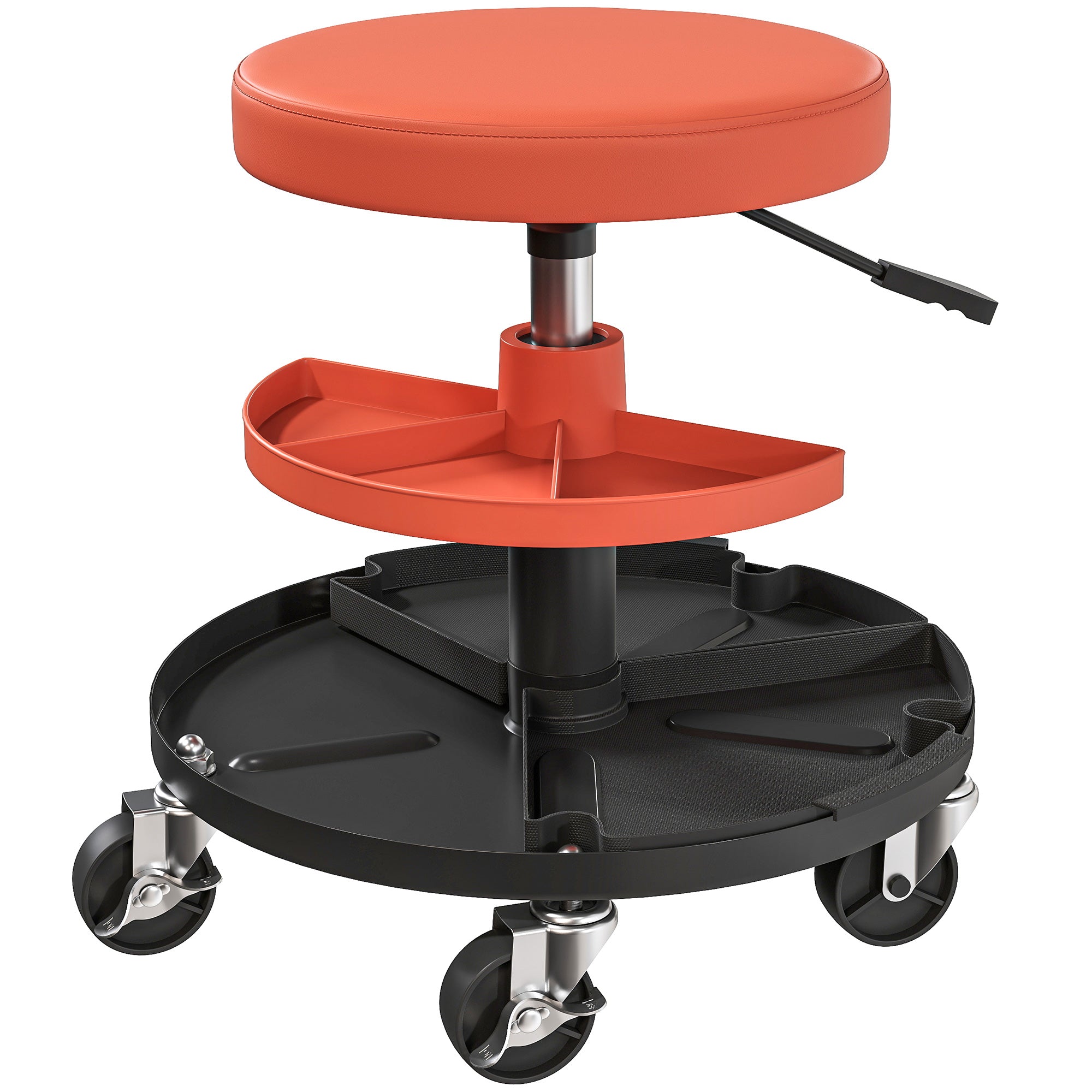 Rolling Workshop Stool, Mechanic Stool with Adjustable Height 40-51 cm, 2 Tool Shelves for Tools, Swivel Seat Max Load 135 kg, Yellow