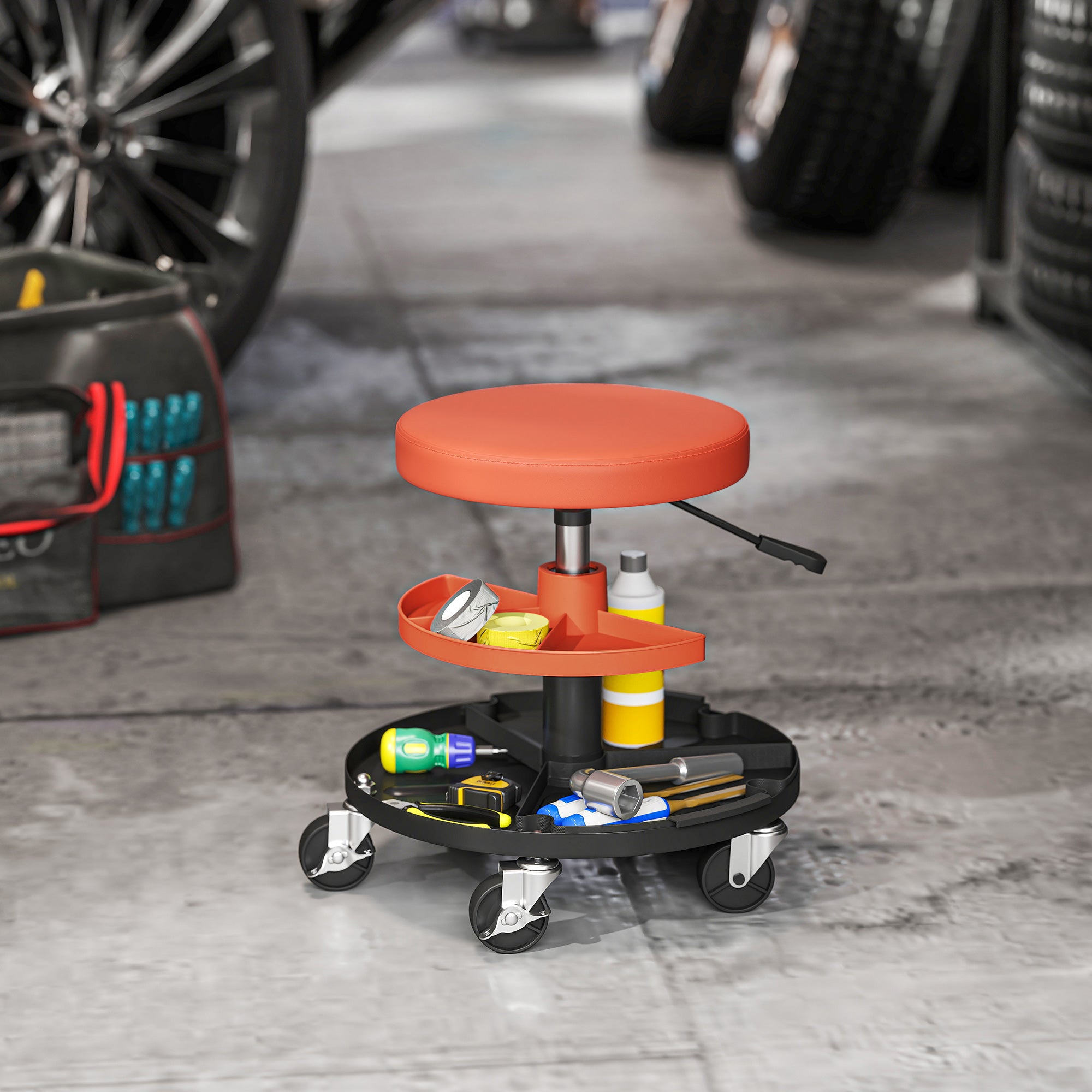 Rolling Workshop Stool, Mechanic Stool with Adjustable Height 40-51 cm, 2 Tool Shelves for Tools, Swivel Seat Max Load 135 kg, Yellow
