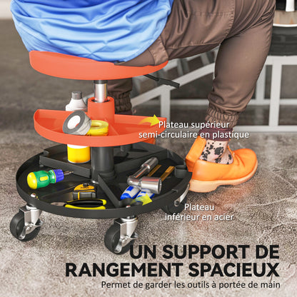Rolling Workshop Stool, Mechanic Stool with Adjustable Height 40-51 cm, 2 Tool Shelves for Tools, Swivel Seat Max Load 135 kg, Yellow