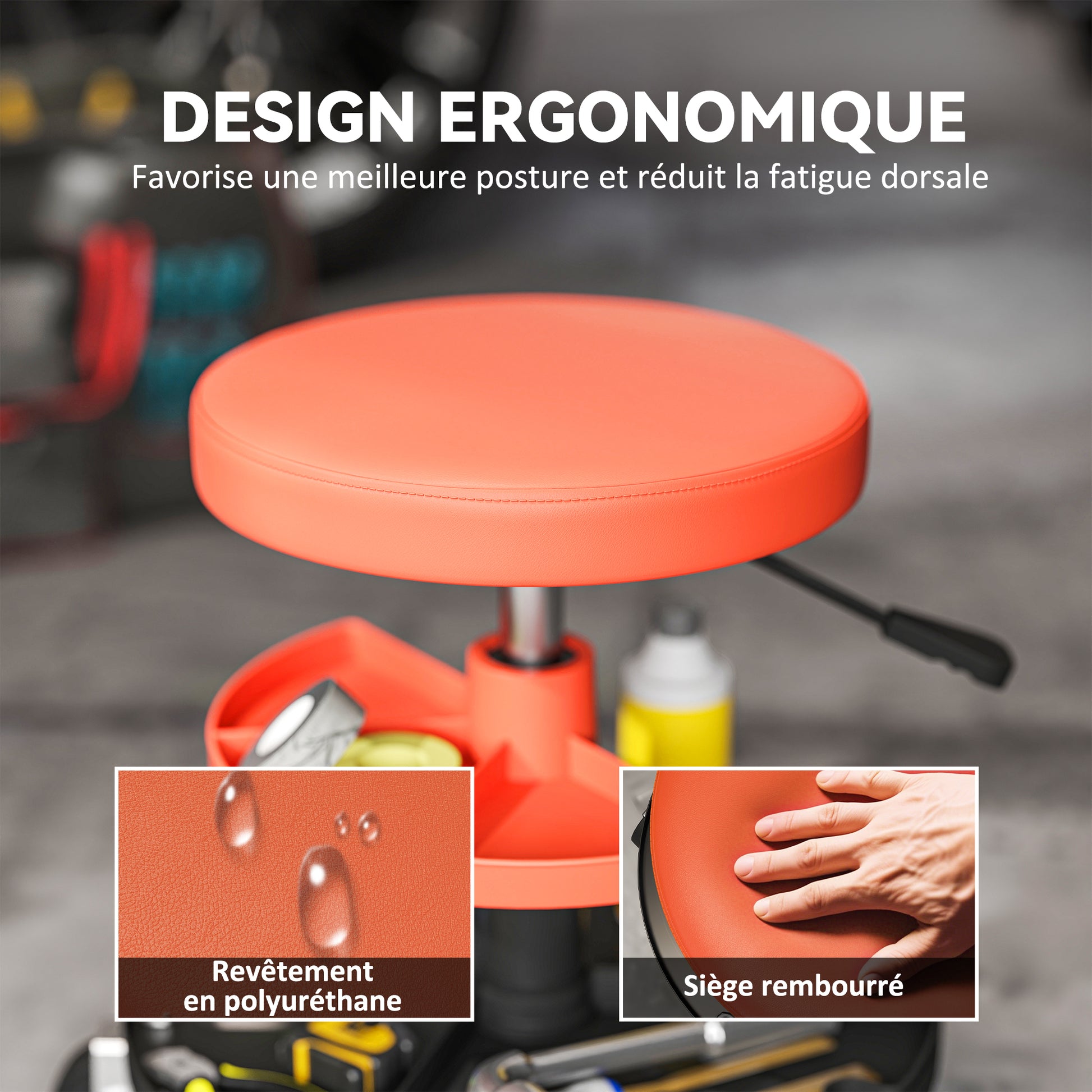 Rolling Workshop Stool, Mechanic Stool with Adjustable Height 40-51 cm, 2 Tool Shelves for Tools, Swivel Seat Max Load 135 kg, Yellow
