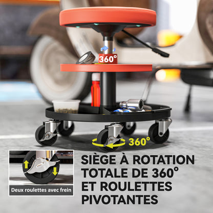 Rolling Workshop Stool, Mechanic Stool with Adjustable Height 40-51 cm, 2 Tool Shelves for Tools, Swivel Seat Max Load 135 kg, Yellow