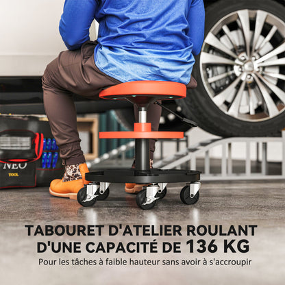 Rolling Workshop Stool, Mechanic Stool with Adjustable Height 40-51 cm, 2 Tool Shelves for Tools, Swivel Seat Max Load 135 kg, Yellow