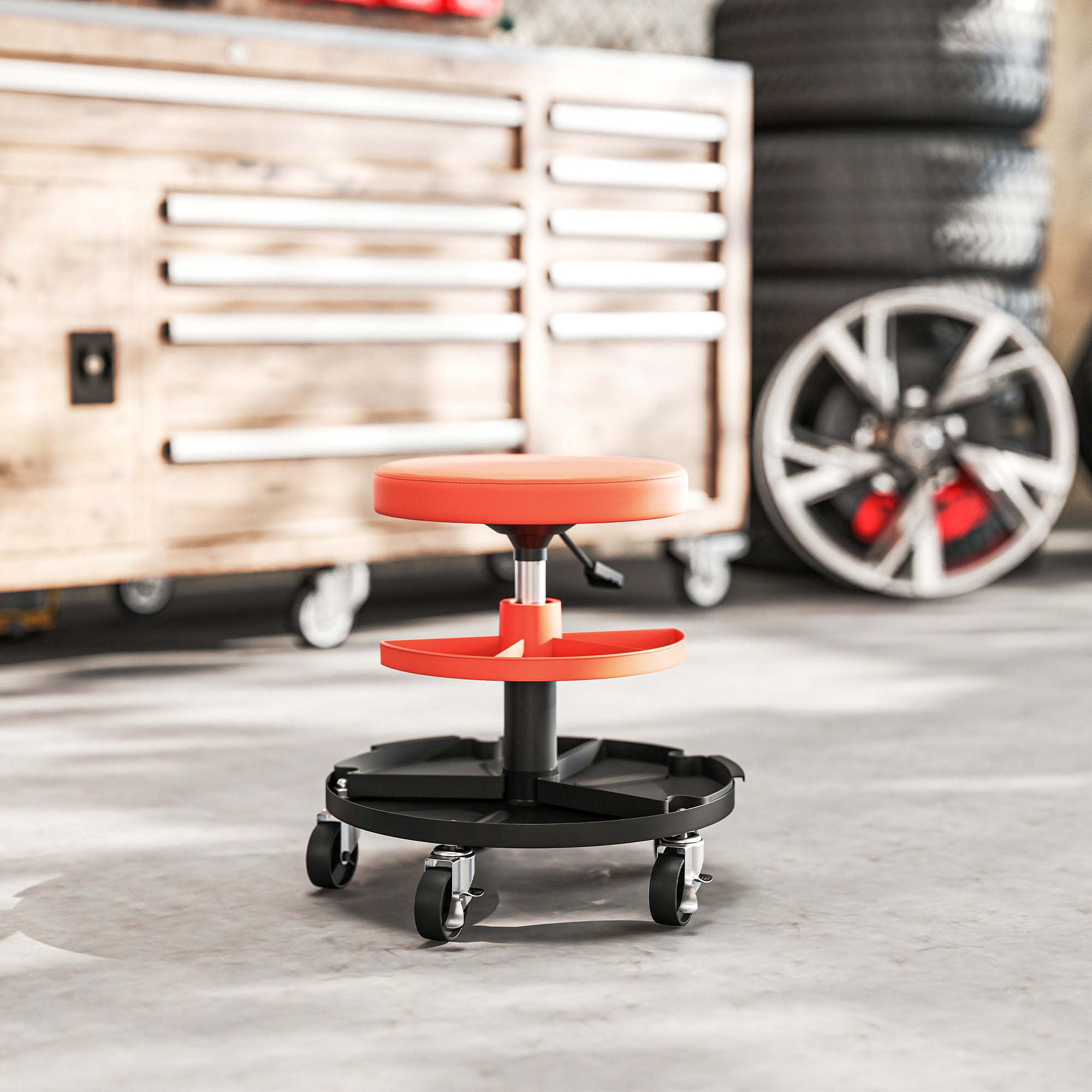 Rolling Workshop Stool, Mechanic Stool with Adjustable Height 40-51 cm, 2 Tool Shelves for Tools, Swivel Seat Max Load 135 kg, Yellow