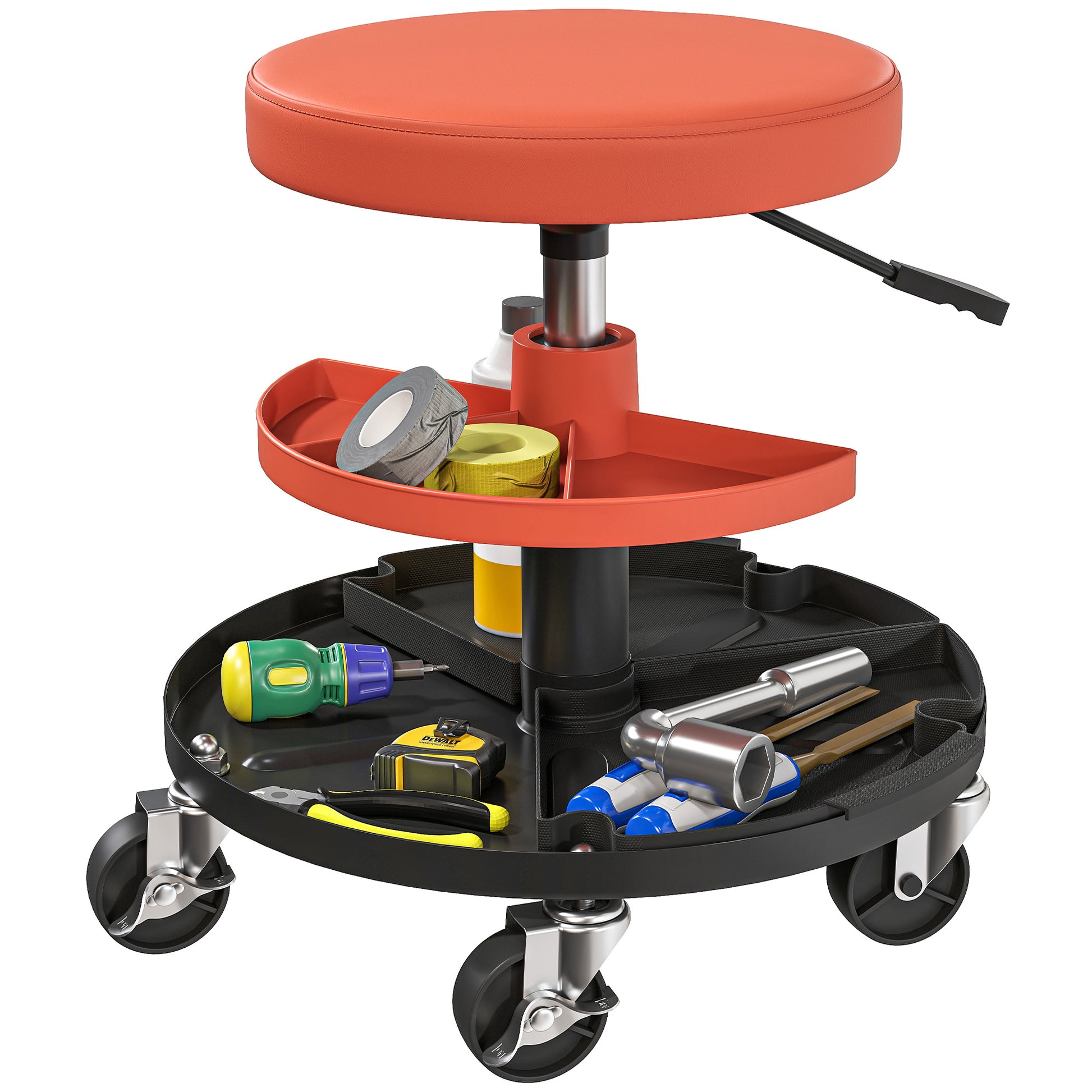 Rolling Workshop Stool, Mechanic Stool with Adjustable Height 40-51 cm, 2 Tool Shelves for Tools, Swivel Seat Max Load 135 kg, Yellow