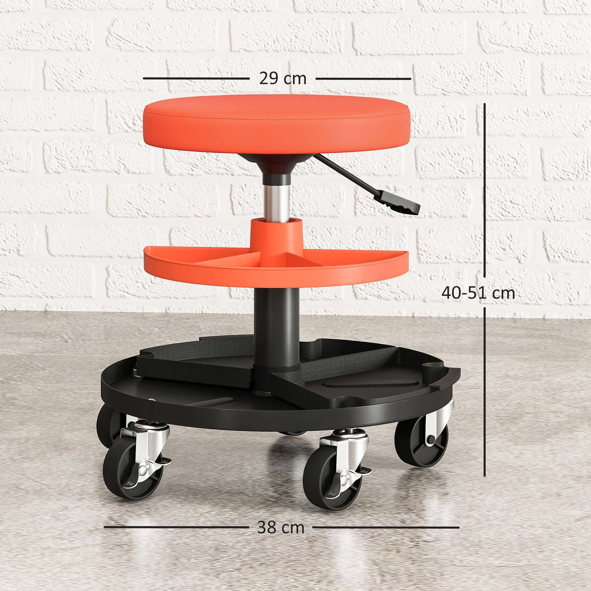 Rolling Workshop Stool, Mechanic Stool with Adjustable Height 40-51 cm, 2 Tool Shelves for Tools, Swivel Seat Max Load 135 kg, Yellow