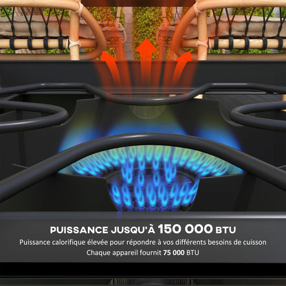 2-Burner Propane Stove Portable Gas Burner 150,000 BTU/h with 2 Removable Feet for Outdoor, Camping, Cast Metal, Dim. 79L x 40W x 73H cm