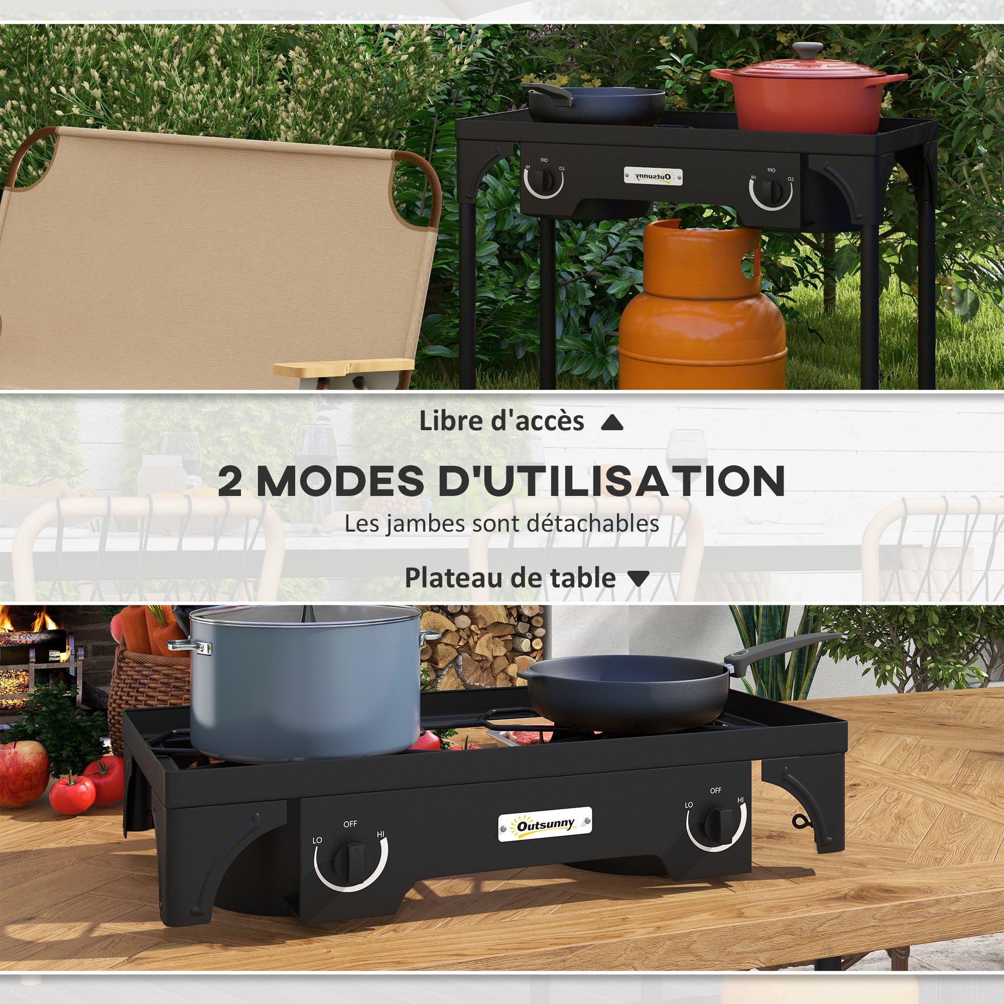 2-Burner Propane Stove Portable Gas Burner 150,000 BTU/h with 2 Removable Feet for Outdoor, Camping, Cast Metal, Dim. 79L x 40W x 73H cm