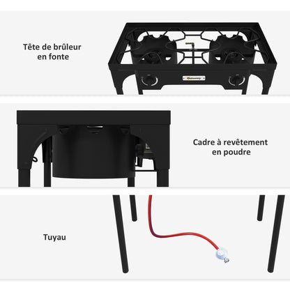 2-Burner Propane Stove Portable Gas Burner 150,000 BTU/h with 2 Removable Feet for Outdoor, Camping, Cast Metal, Dim. 79L x 40W x 73H cm