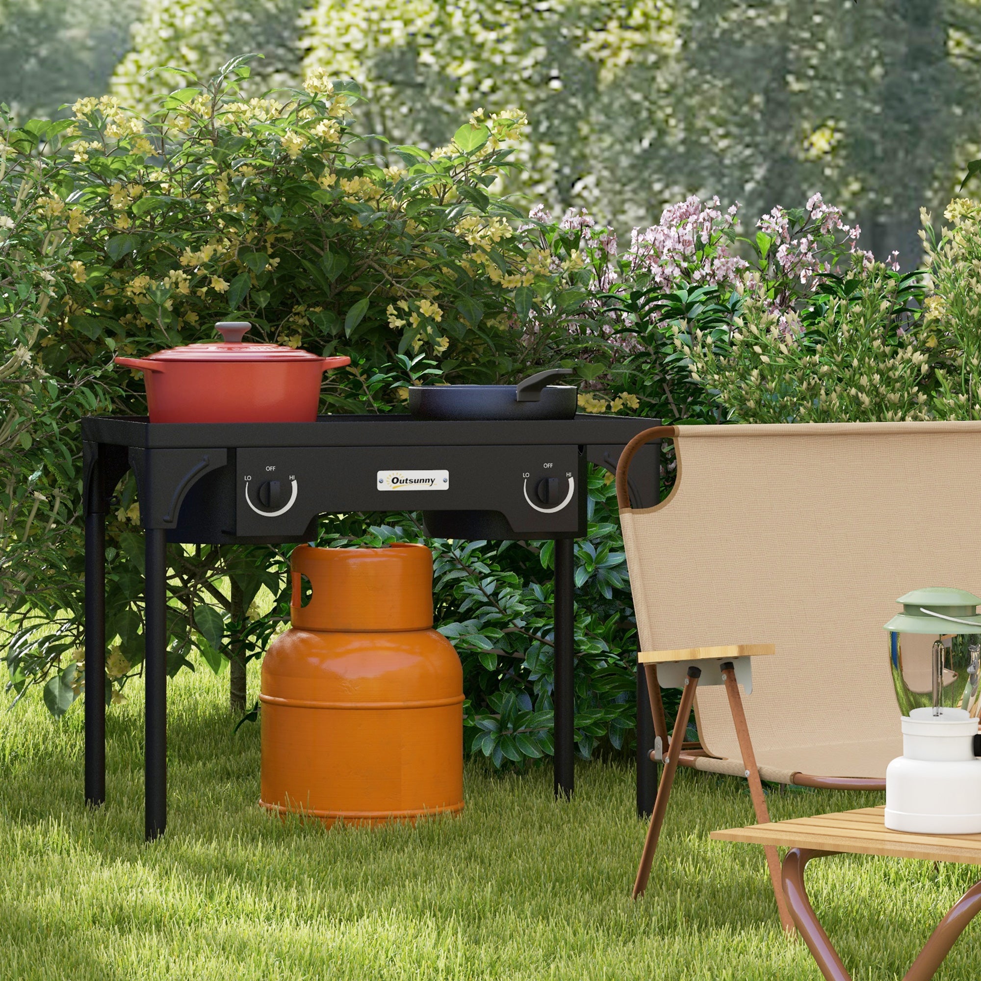 2-Burner Propane Stove Portable Gas Burner 150,000 BTU/h with 2 Removable Feet for Outdoor, Camping, Cast Metal, Dim. 79L x 40W x 73H cm