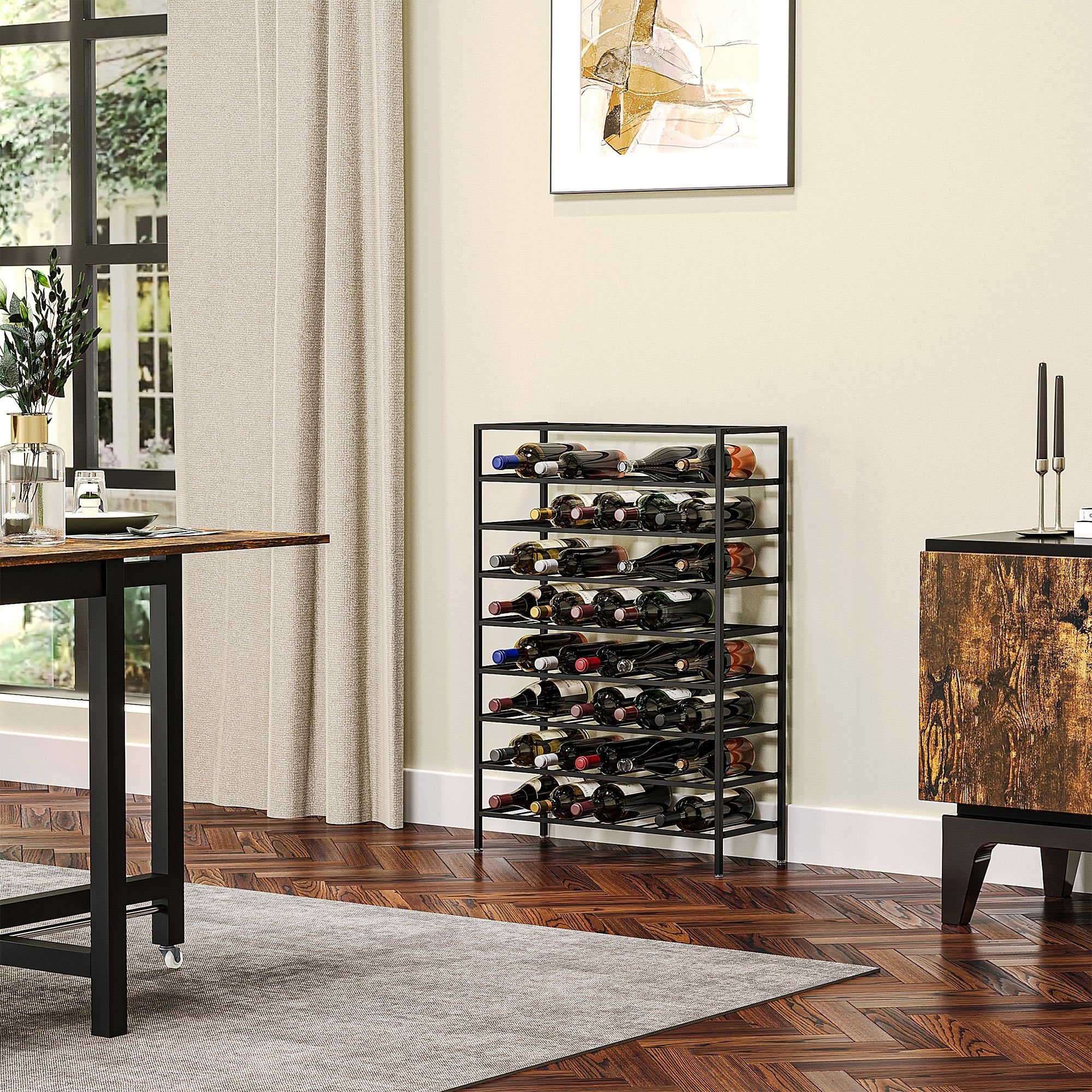 Wine rack bottle shelf capacity 54 bottles 63L x 25W x 91H cm black metal