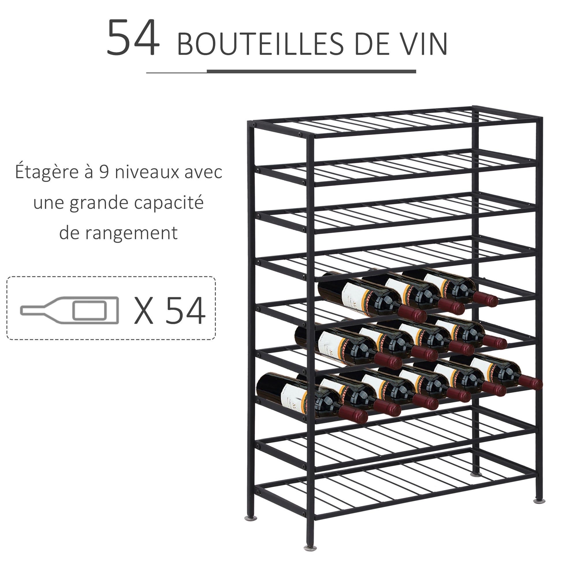 Wine rack bottle shelf capacity 54 bottles 63L x 25W x 91H cm black metal