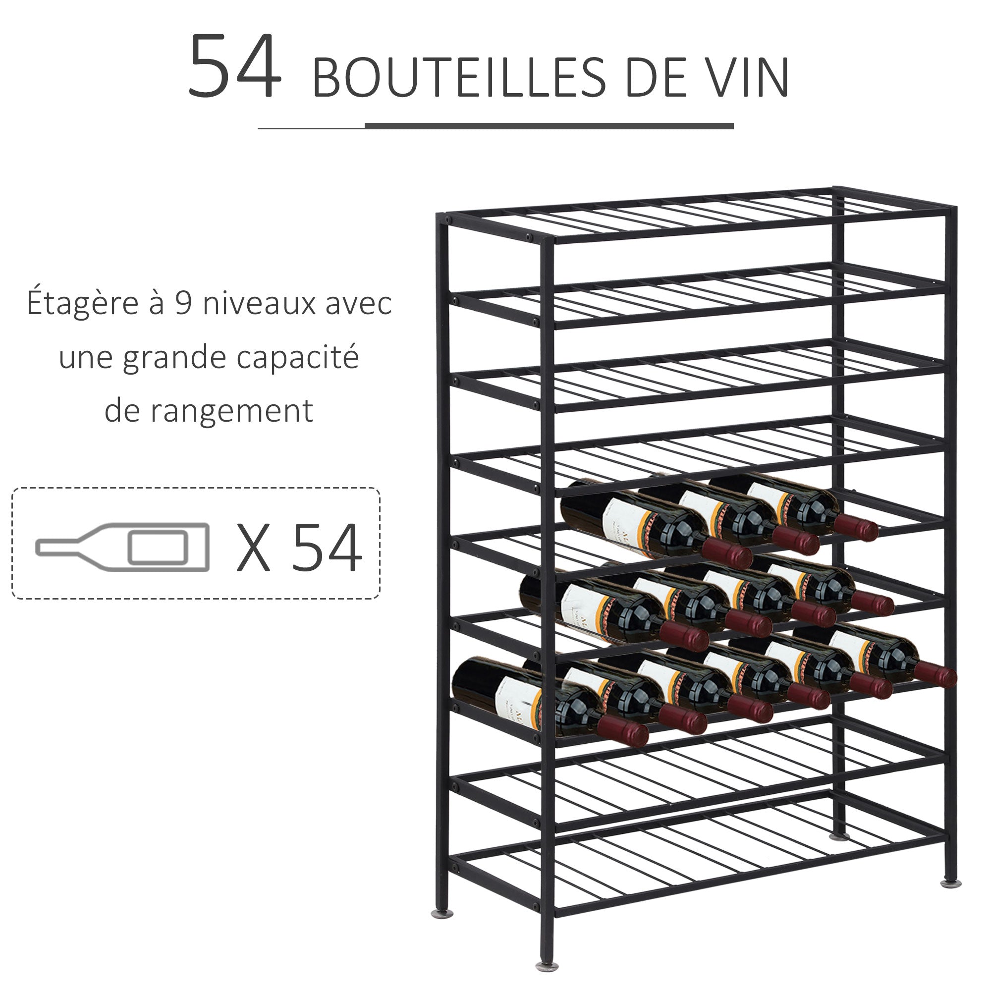 Wine rack bottle shelf capacity 54 bottles 63L x 25W x 91H cm black metal