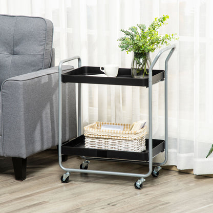 2-Tier Serving Trolley with Handles and Swivel Wheels, Metal Storage Trolley for Kitchen Living Room, 63x40.4x83.5cm, Black