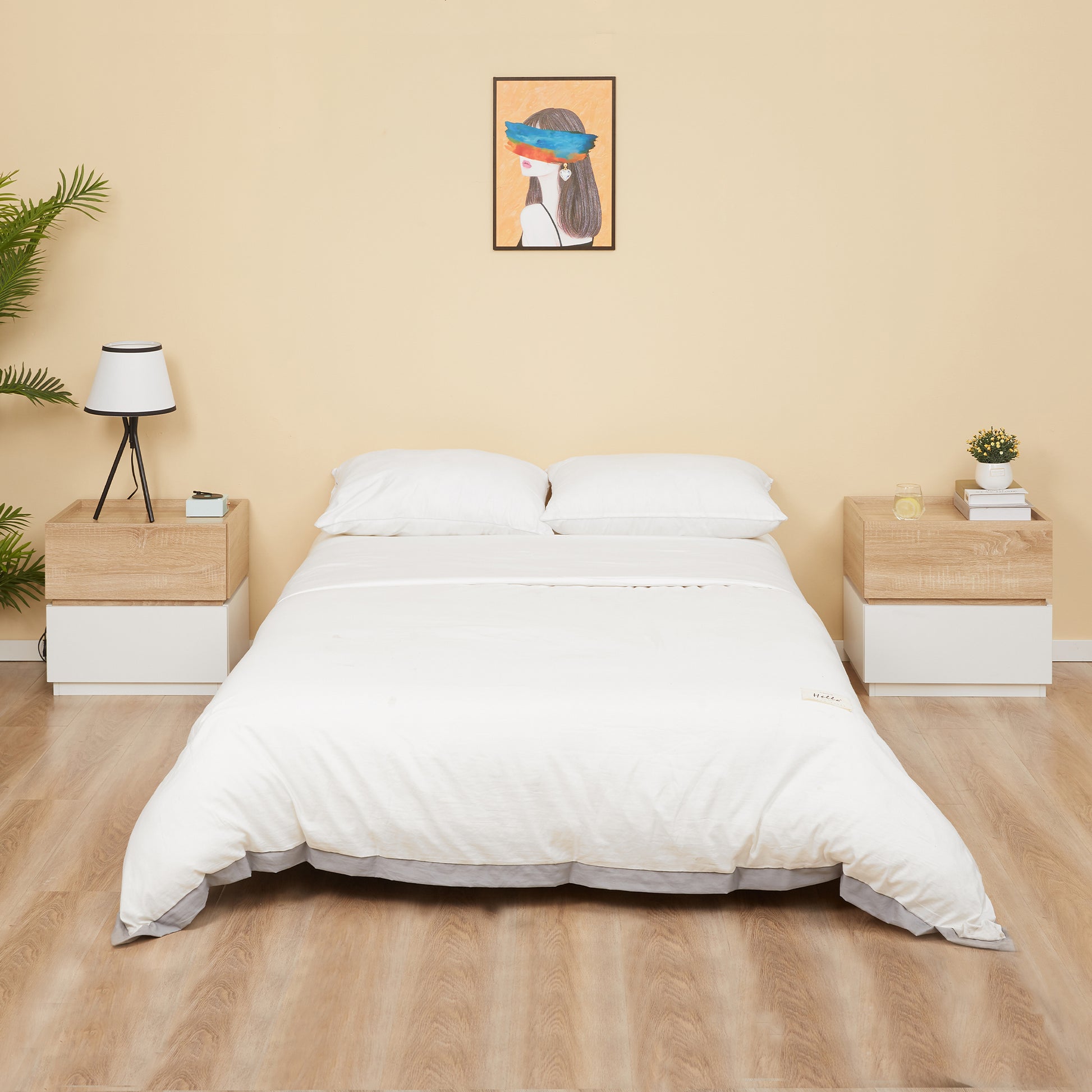 Modern Stackable Bedside Table with 2 Drawers, Bedroom Cabinet, Side Table for Living Room, 50x40x47.5cm, White and Wood