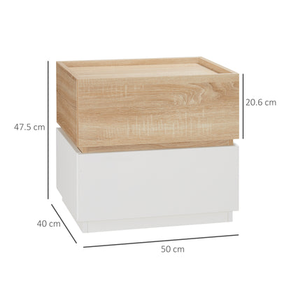 Modern Stackable Bedside Table with 2 Drawers, Bedroom Cabinet, Side Table for Living Room, 50x40x47.5cm, White and Wood