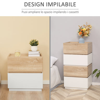 Modern Stackable Bedside Table with 2 Drawers, Bedroom Cabinet, Side Table for Living Room, 50x40x47.5cm, White and Wood