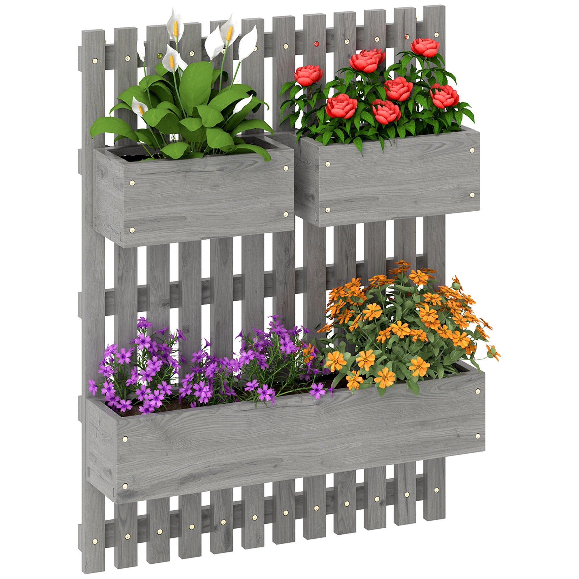 Wall-Mounted Vertical Planter — 3 Removable Fir Wood Boxes with Non-Woven Liners, 60 x 16 x 80 cm (Gray)