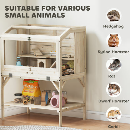 2-Tier Wooden Hamster Cage with Storage Compartment, Top-Opening Lid, Tray, Seesaws, Ramp, Gnaw-Proof Panels, Wheel & Hideout — 84 x 53 x 110 cm (33.1 x 20.9 x 43.3 in), Natural