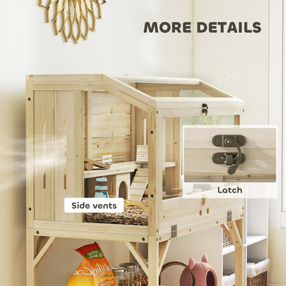 2-Tier Wooden Hamster Cage with Storage Compartment, Top-Opening Lid, Tray, Seesaws, Ramp, Gnaw-Proof Panels, Wheel & Hideout — 84 x 53 x 110 cm (33.1 x 20.9 x 43.3 in), Natural