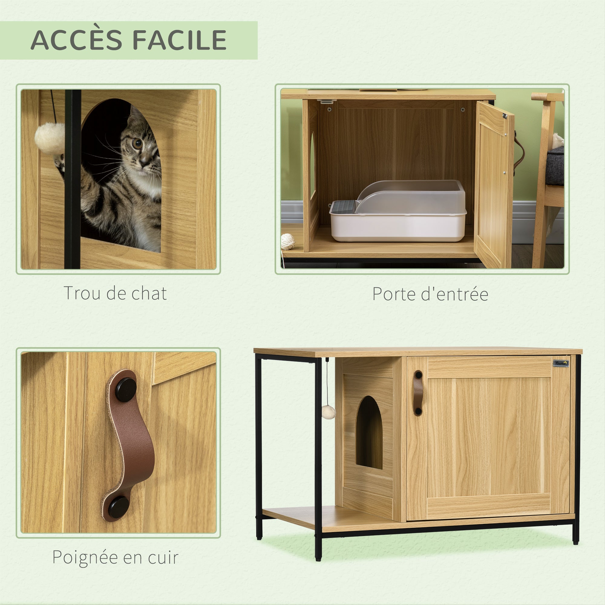 Cat Toilet House Litter Box Cabinet Industrial Style Cat Door Side Entry Hanging Ball Steel Frame Light Wood Appearance