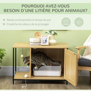 Cat Toilet House Litter Box Cabinet Industrial Style Cat Door Side Entry Hanging Ball Steel Frame Light Wood Appearance
