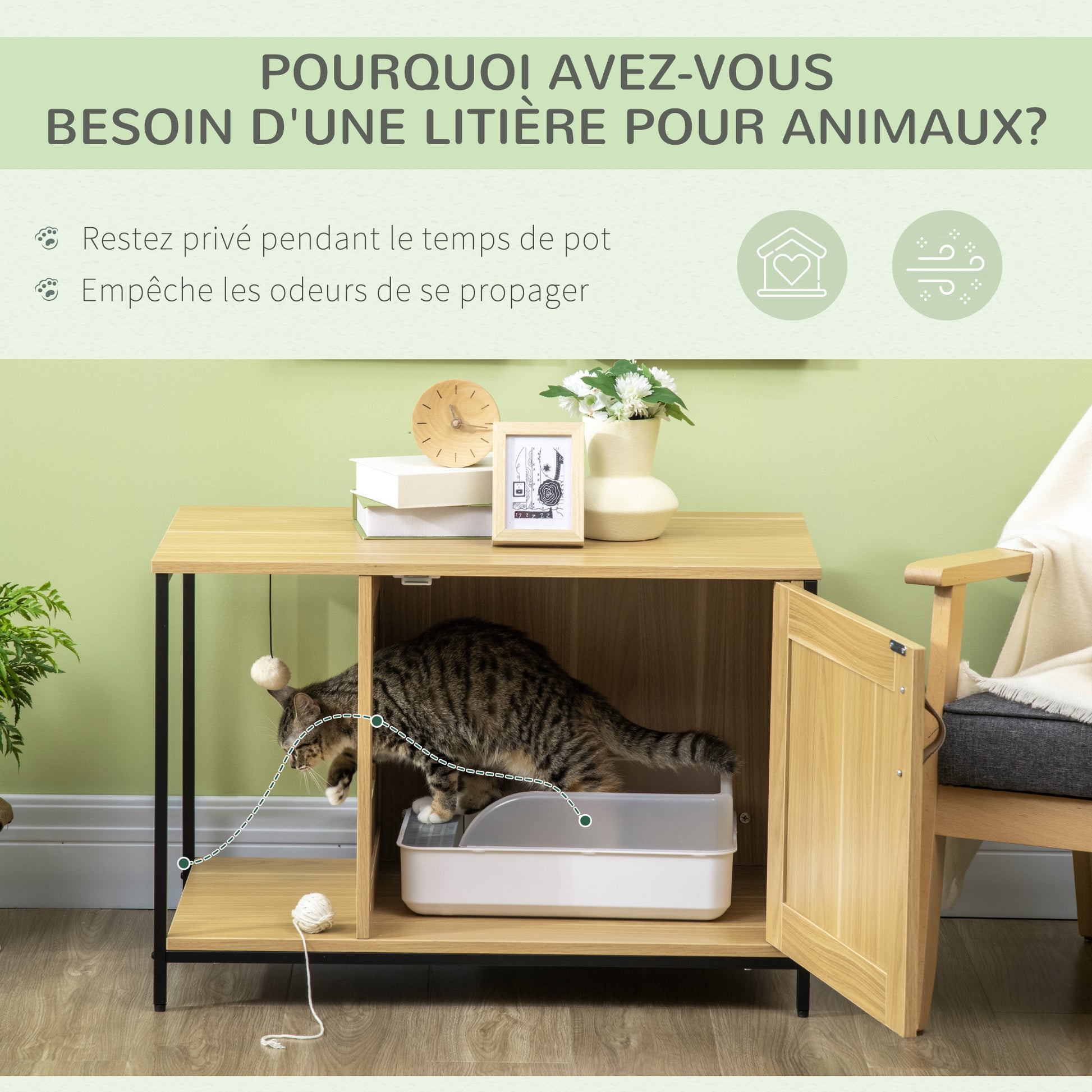 Cat Toilet House Litter Box Cabinet Industrial Style Cat Door Side Entry Hanging Ball Steel Frame Light Wood Appearance