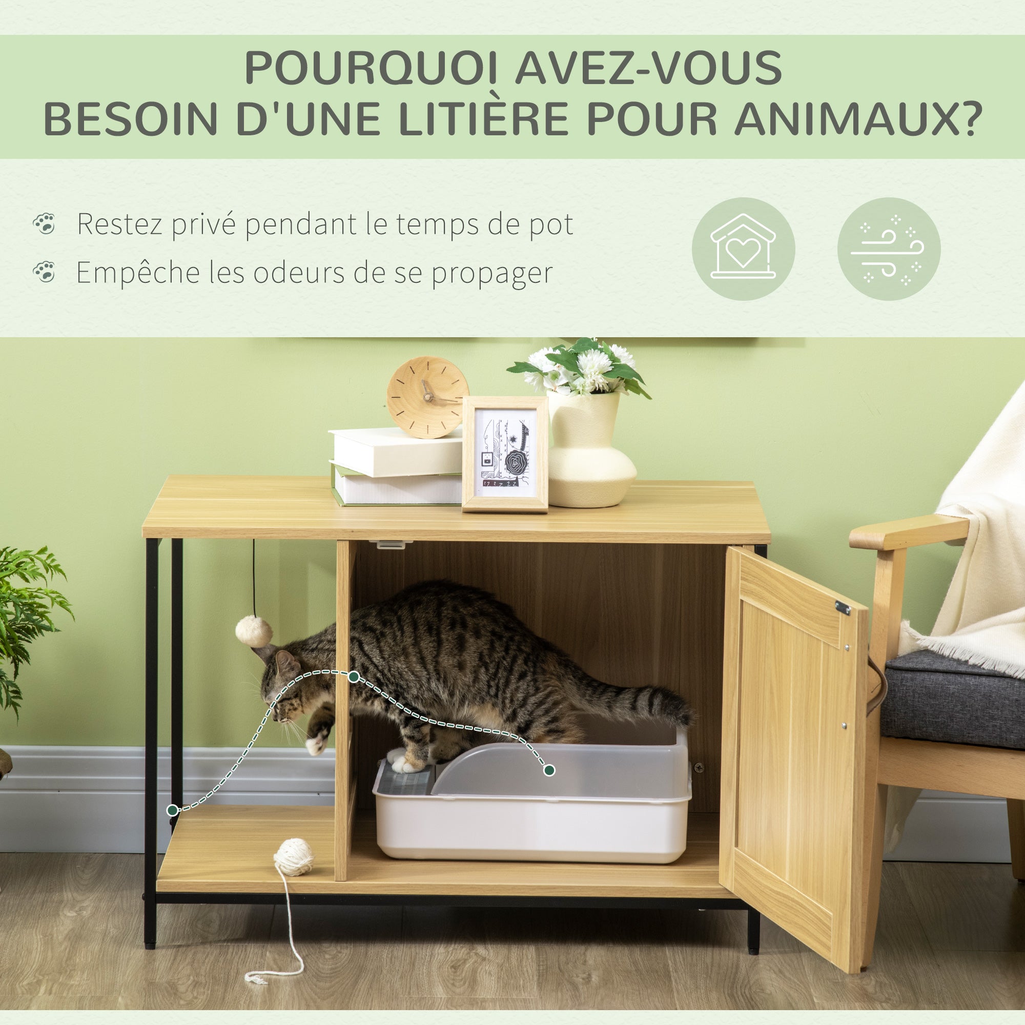 Cat Toilet House Litter Box Cabinet Industrial Style Cat Door Side Entry Hanging Ball Steel Frame Light Wood Appearance