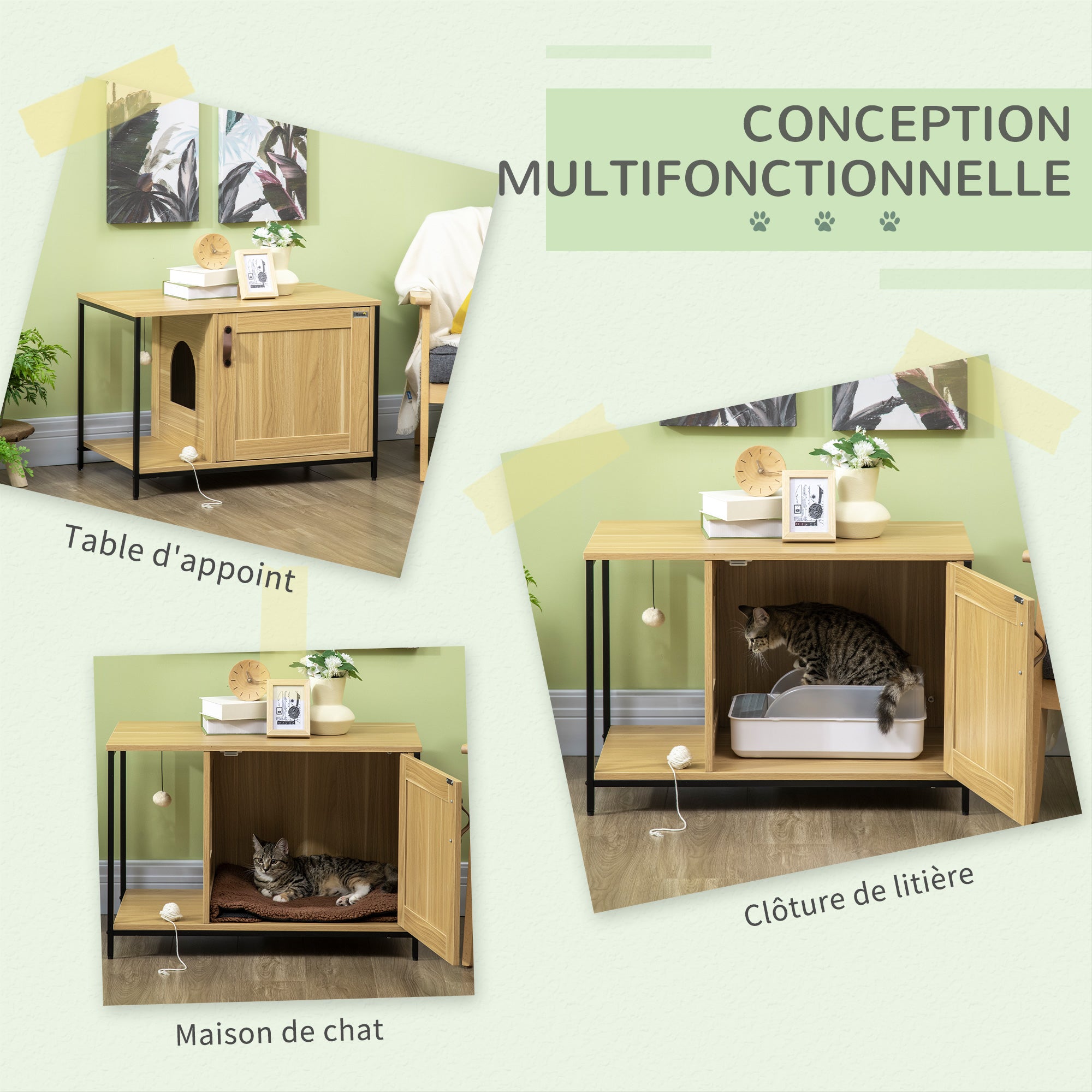 Cat Toilet House Litter Box Cabinet Industrial Style Cat Door Side Entry Hanging Ball Steel Frame Light Wood Appearance