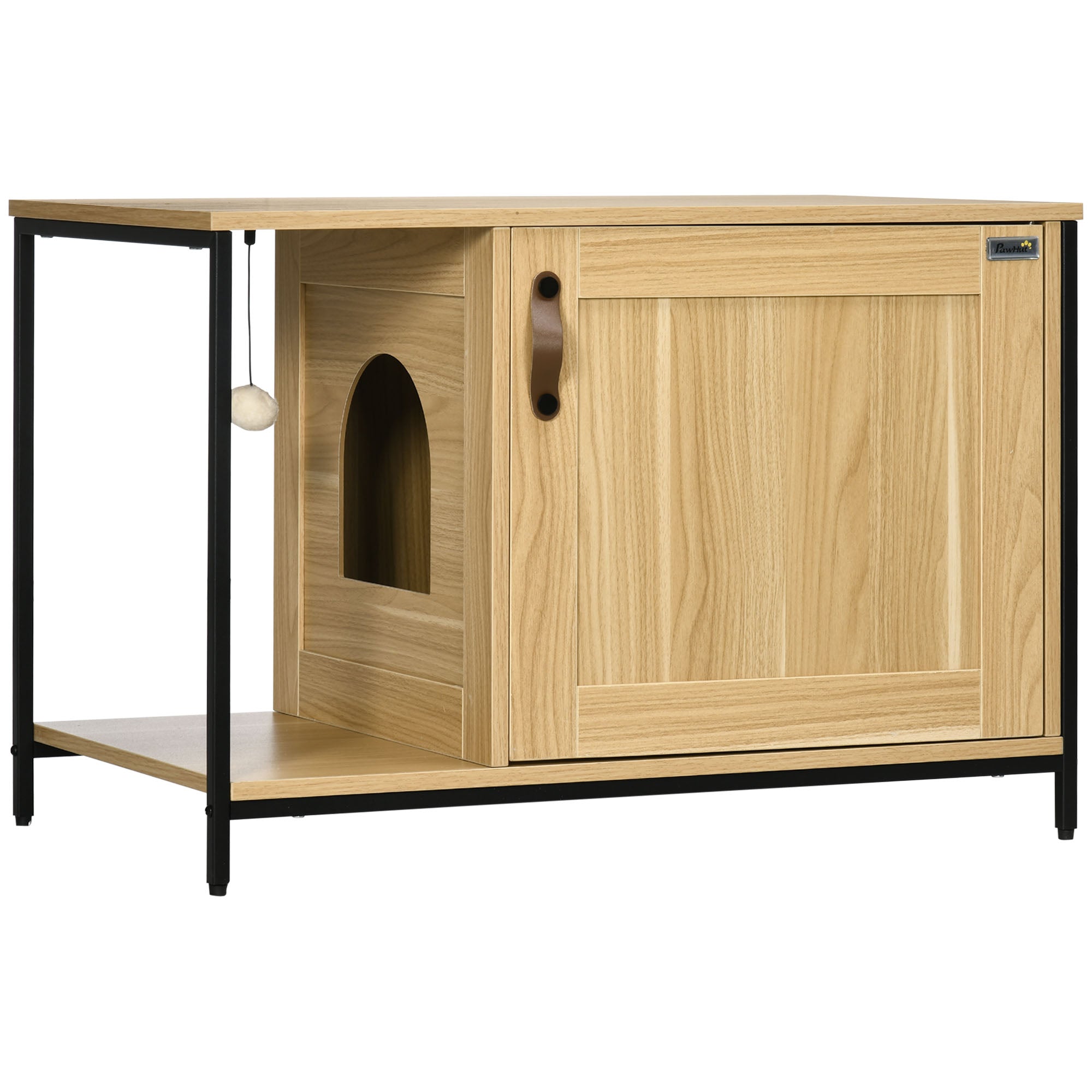 Cat Toilet House Litter Box Cabinet Industrial Style Cat Door Side Entry Hanging Ball Steel Frame Light Wood Appearance