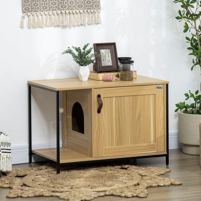 Cat Toilet House Litter Box Cabinet Industrial Style Cat Door Side Entry Hanging Ball Steel Frame Light Wood Appearance