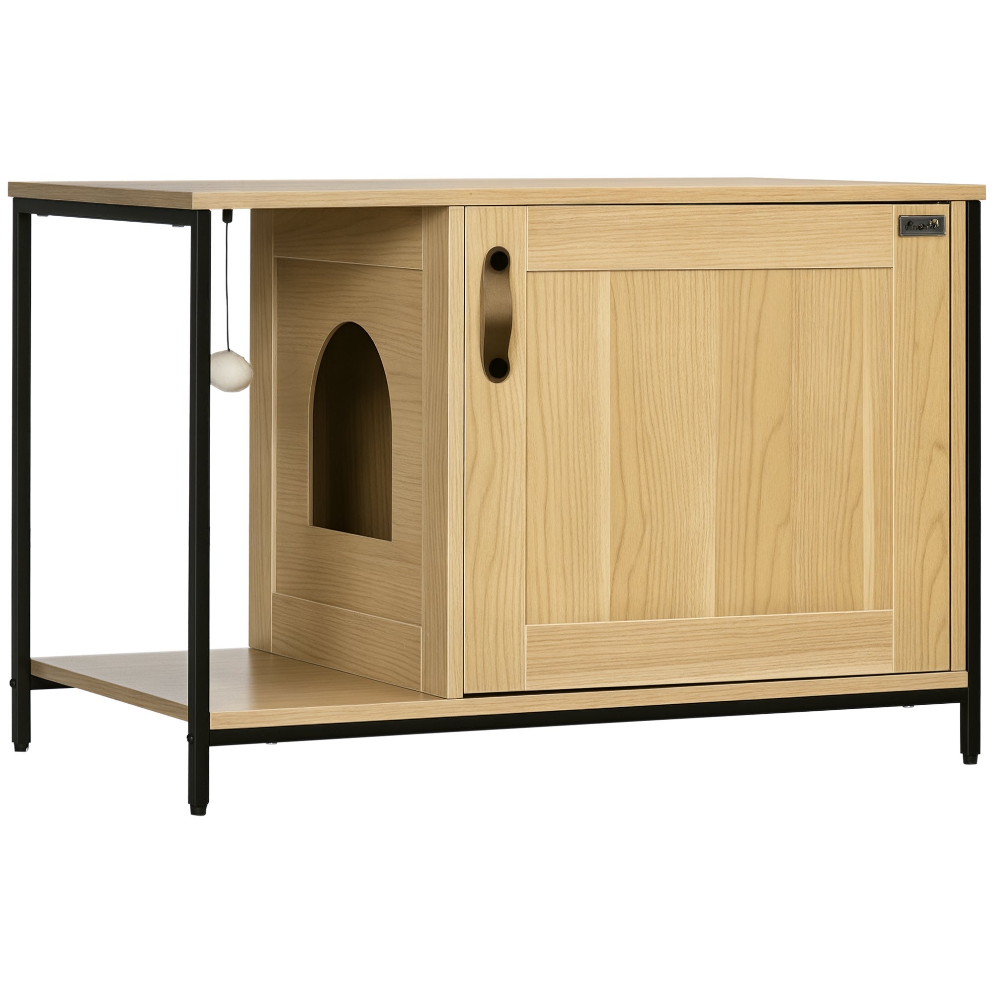 Cat Toilet House Litter Box Cabinet Industrial Style Cat Door Side Entry Hanging Ball Steel Frame Light Wood Appearance