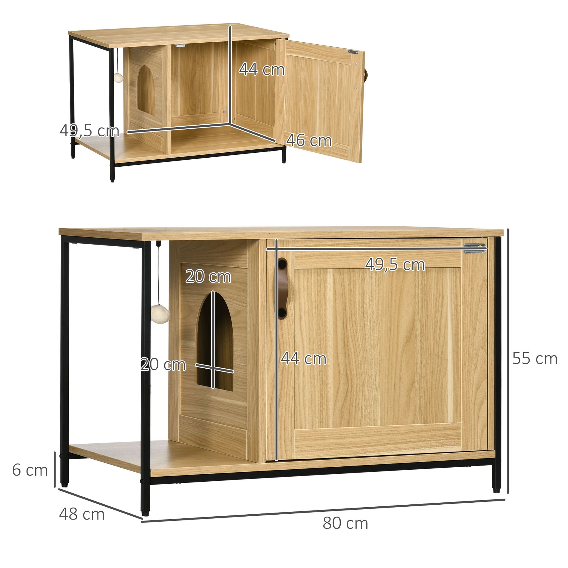 Cat Toilet House Litter Box Cabinet Industrial Style Cat Door Side Entry Hanging Ball Steel Frame Light Wood Appearance