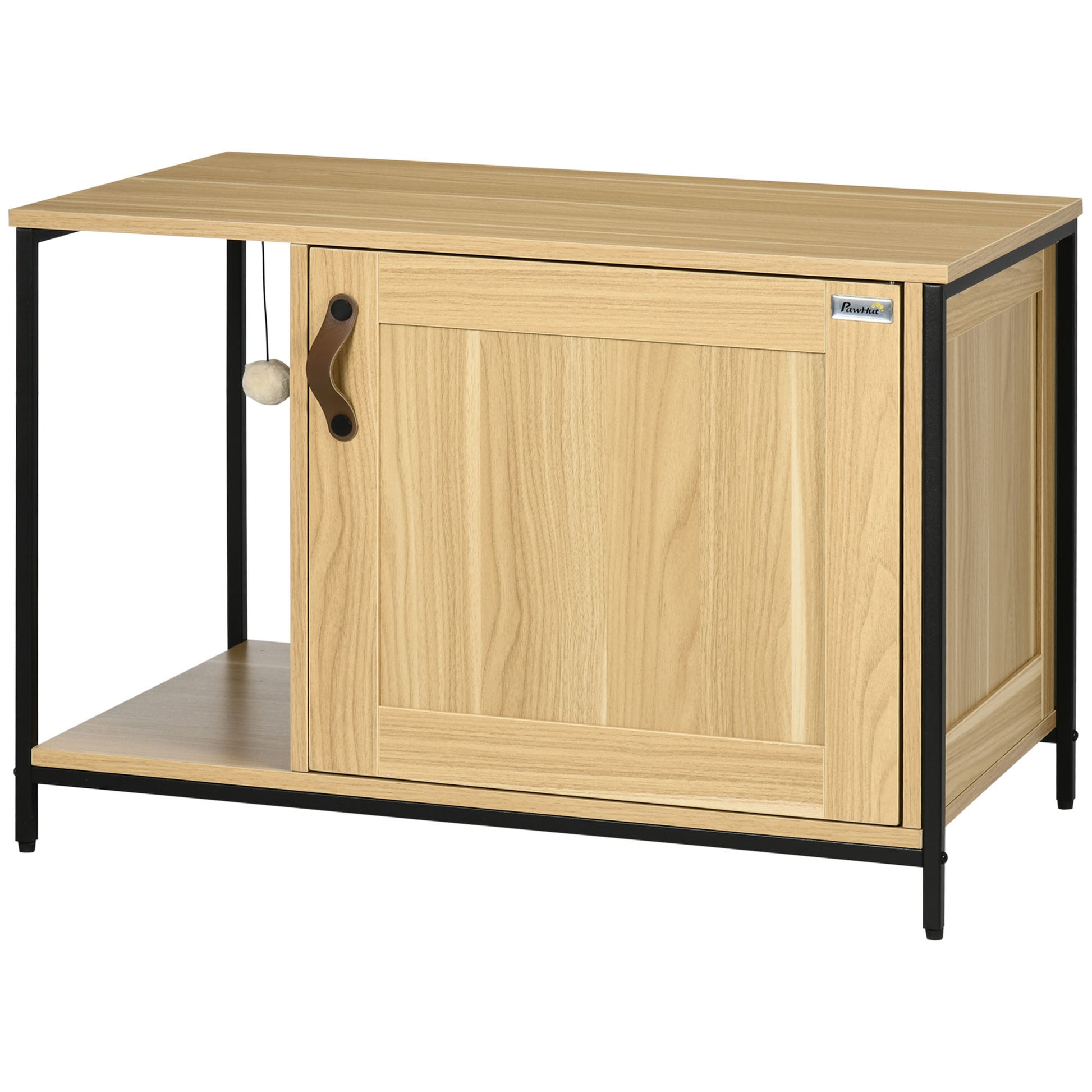Cat Toilet House Litter Box Cabinet Industrial Style Cat Door Side Entry Hanging Ball Steel Frame Light Wood Appearance