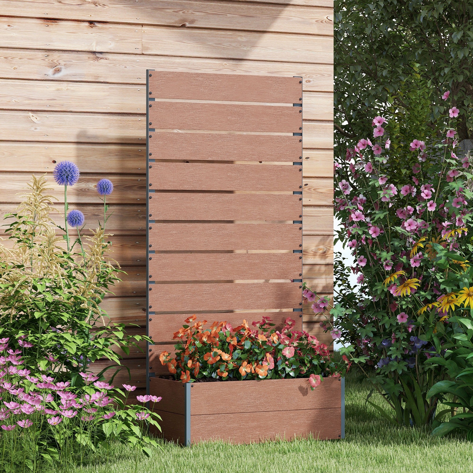 planter box with slatted trellis, raised bed with trellis for climbing plants, 72x38x150cm, light brown