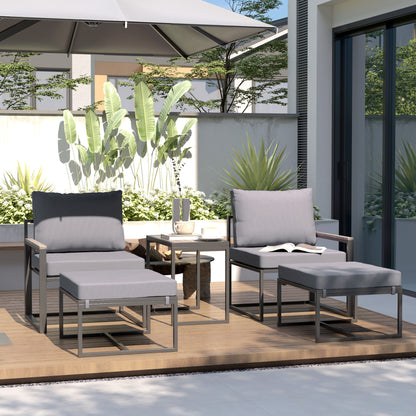 Garden Furniture Set 2 Person Steel Weatherproof Balcony Furniture Set with 2 Armchairs Seat Cushions Side Table Footstool Outdoor Seating Group Patio Furniture Garden Furniture Set for Garden Terrace Balcony Gray