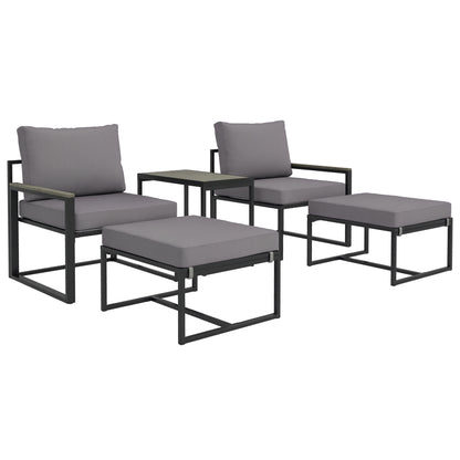 Garden Furniture Set 2 Person Steel Weatherproof Balcony Furniture Set with 2 Armchairs Seat Cushions Side Table Footstool Outdoor Seating Group Patio Furniture Garden Furniture Set for Garden Terrace Balcony Gray
