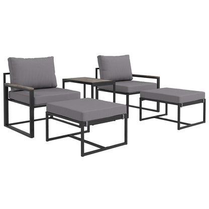 Garden Furniture Set 2 Person Steel Weatherproof Balcony Furniture Set with 2 Armchairs Seat Cushions Side Table Footstool Outdoor Seating Group Patio Furniture Garden Furniture Set for Garden Terrace Balcony Gray