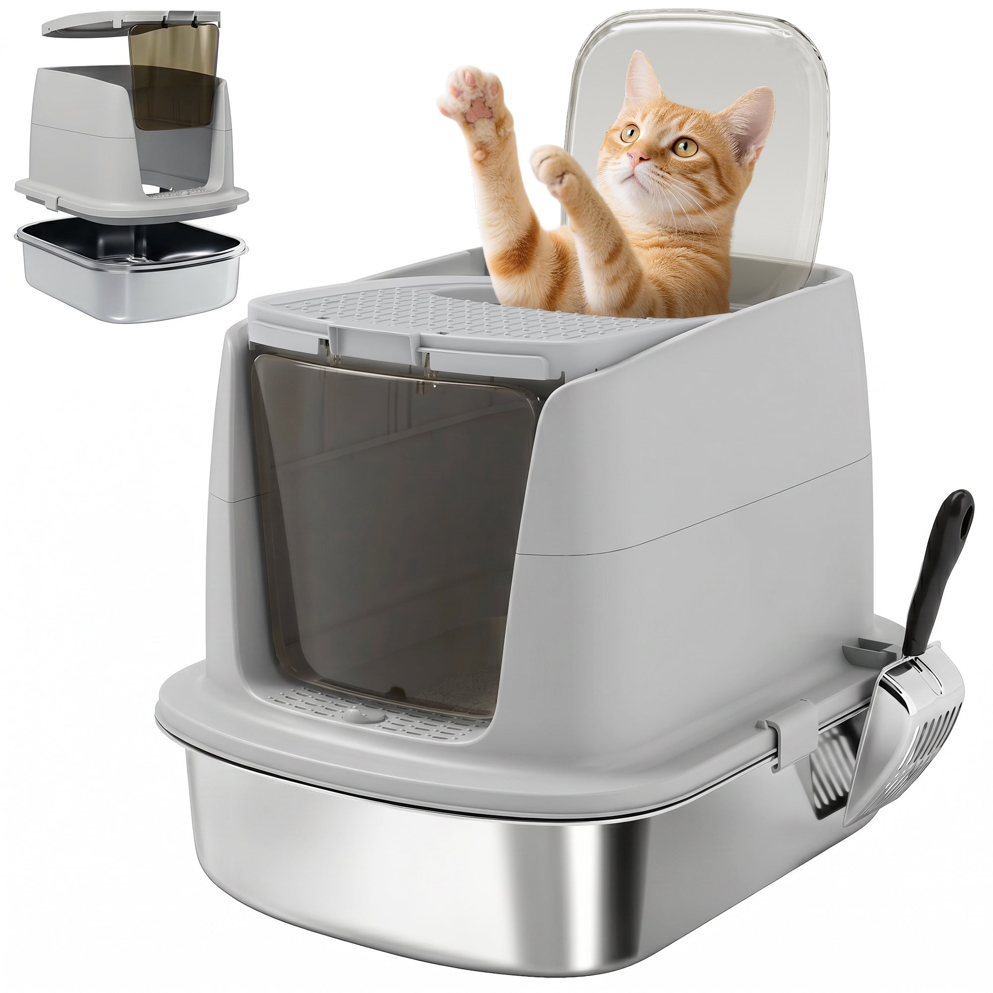 Covered Stainless Steel Cat Litter Box with Flip-Top Lid, Dual Entry, Scoop, High Walls, Leak-Resistant, Odor-Control, Easy to Clean - Light Gray