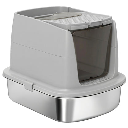 Covered Stainless Steel Cat Litter Box with Flip-Top Lid, Dual Entry, Scoop, High Walls, Leak-Resistant, Odor-Control, Easy to Clean - Light Gray
