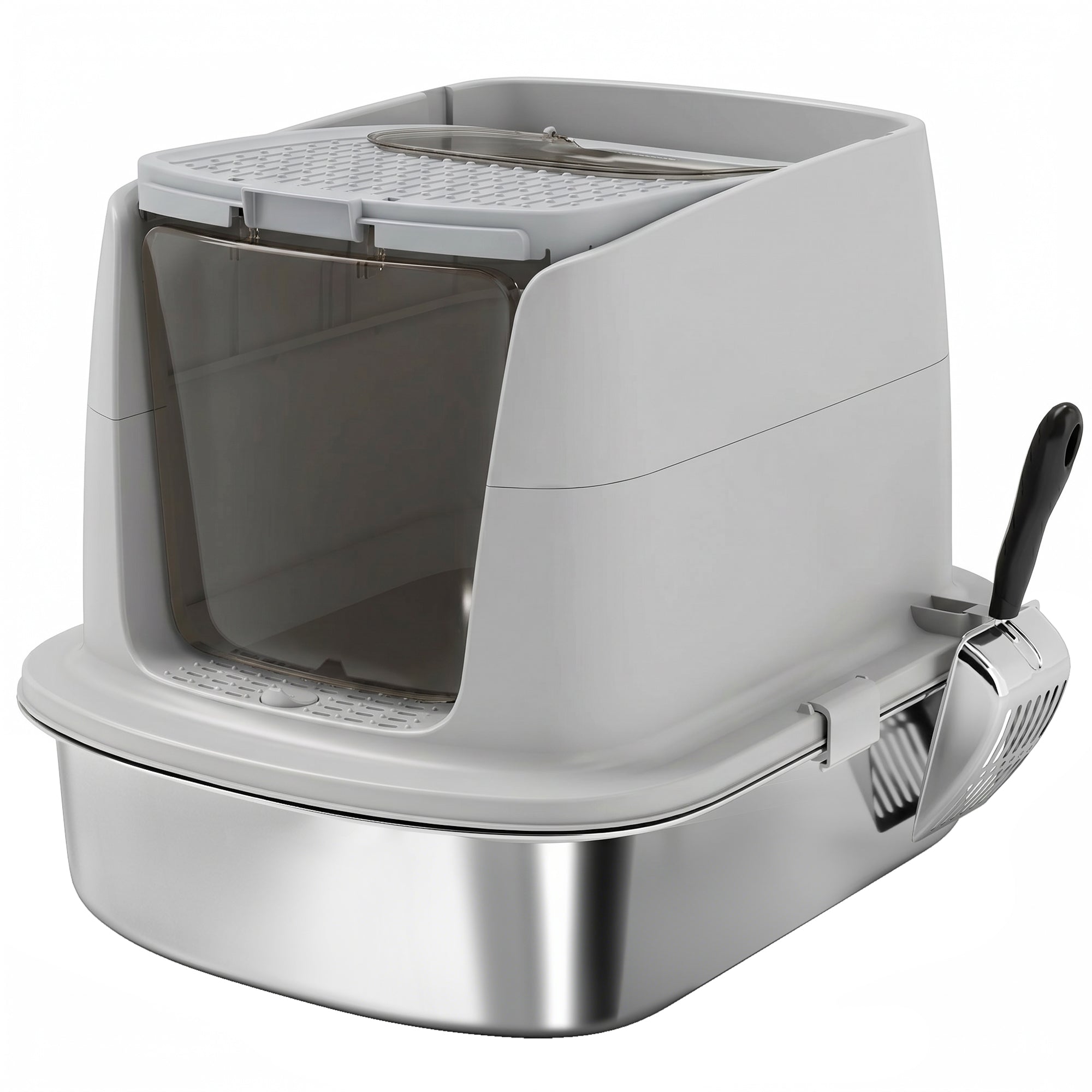 Covered Stainless Steel Cat Litter Box with Flip-Top Lid, Dual Entry, Scoop, High Walls, Leak-Resistant, Odor-Control, Easy to Clean - Light Gray