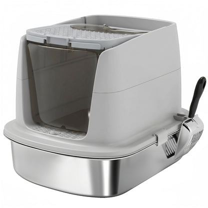 Covered Stainless Steel Cat Litter Box with Flip-Top Lid, Dual Entry, Scoop, High Walls, Leak-Resistant, Odor-Control, Easy to Clean - Light Gray