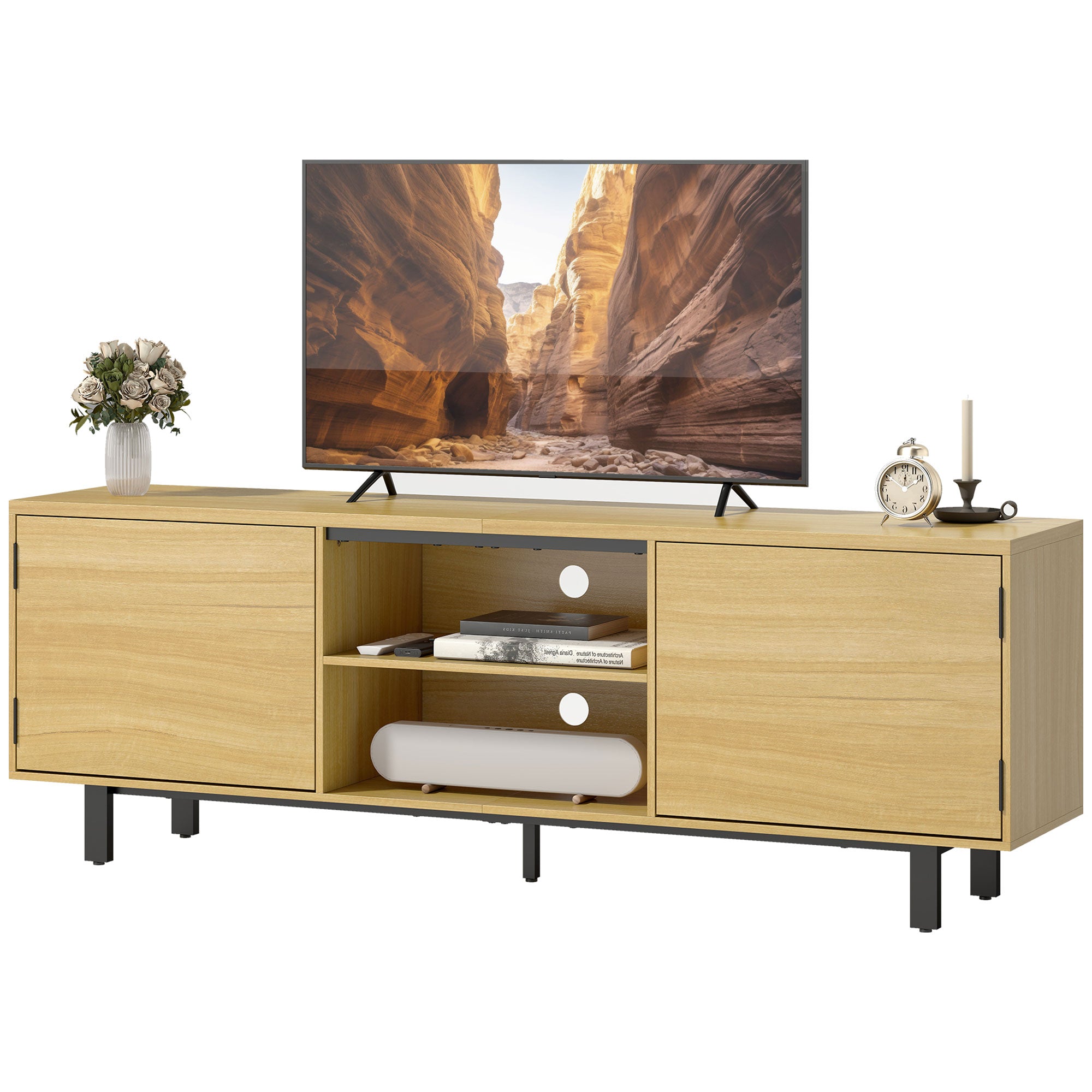 63" TV Stand – Fits up to 65" TVs, 2 Push-to-Open Doors & 2 Open Shelves, Metal Legs, Natural Wood Finish