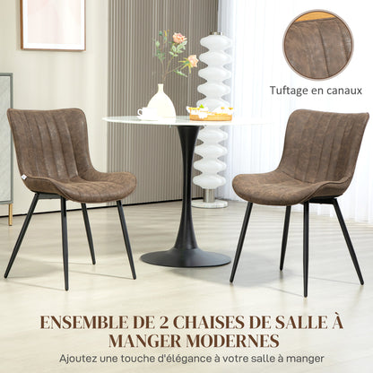 Set of 2 dining chairs modern kitchen chair in synthetic coating with tufted design and metal legs, for living room, dining room, bedroom, brown